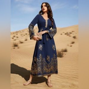 Gold Floral Print Contrast Tape Belted Kaftan Maxi Dress